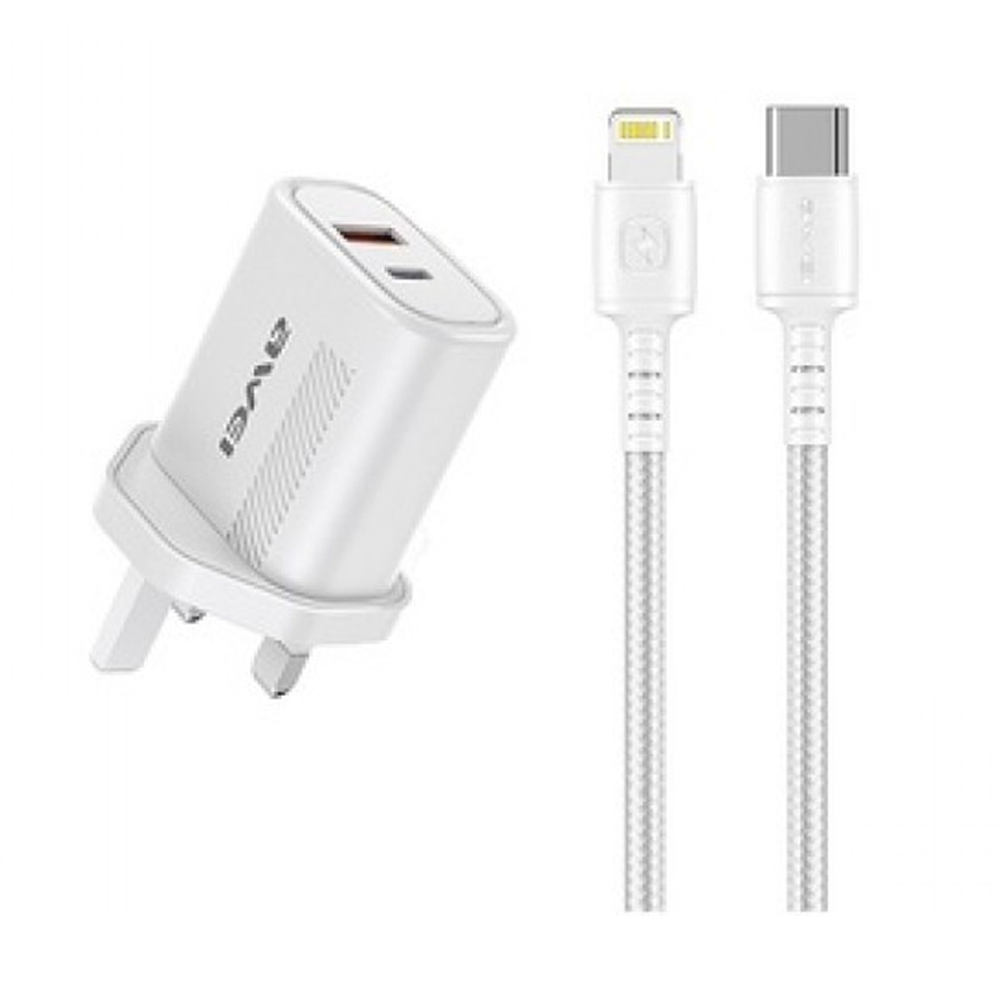 Awei PD6 PD 20W Plus QC3.0 Super Fast Charging Charger Combo With A Lightning PD Cable Suit - White