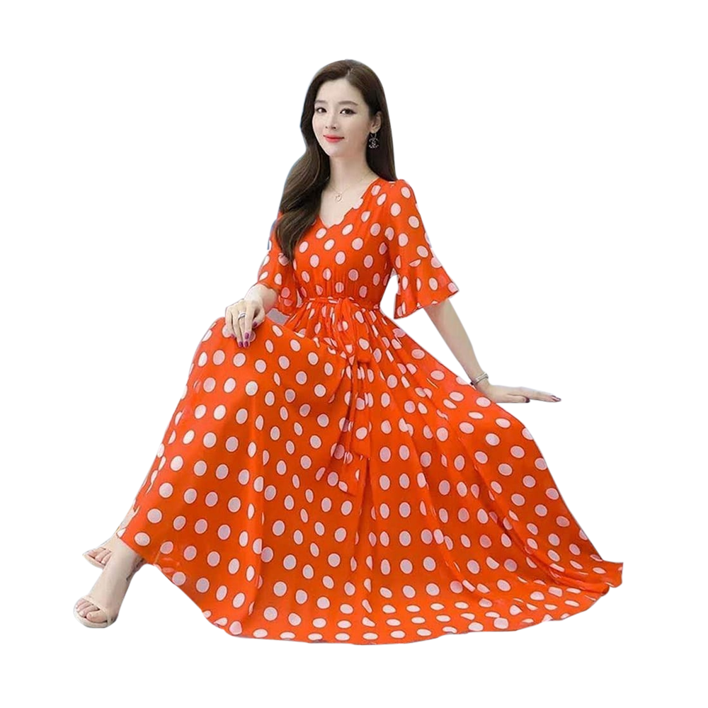 Linen Screen Print Fashionable Long Gown For Women - Orange - G-N06