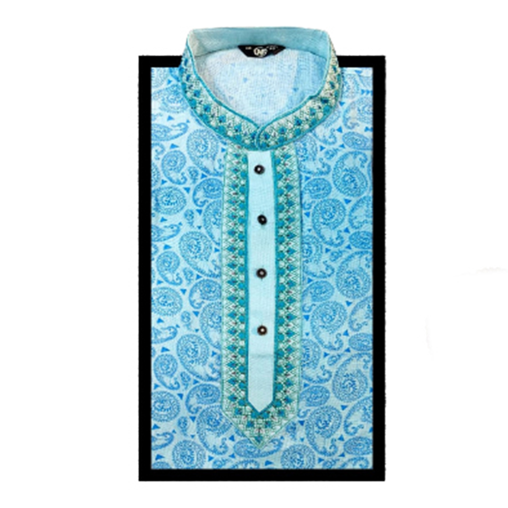 Cotton Digital Print Semi Long Embroidery Panjabi For Men - Cyan - PS-07