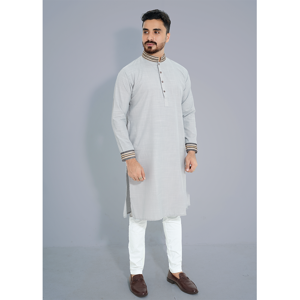 Premium Cotton Panjabi For Men - Grey - 2525