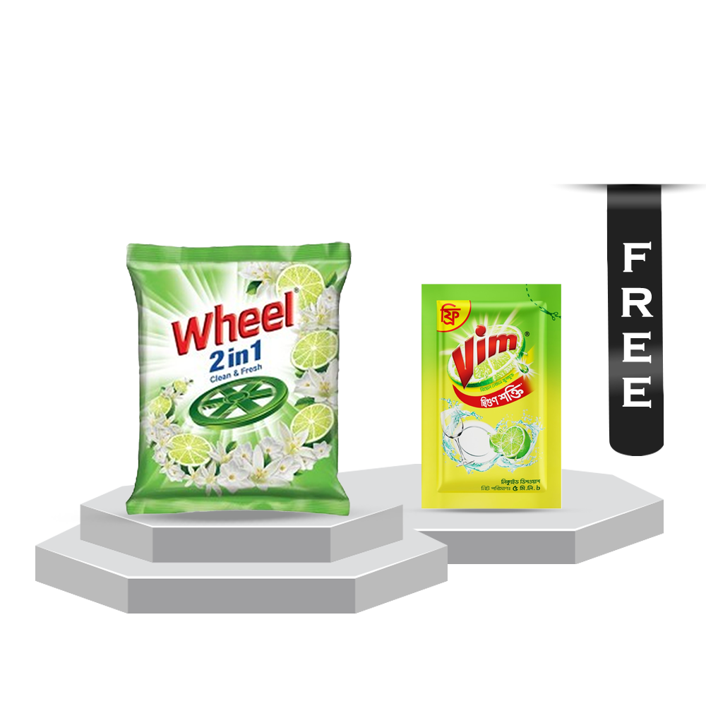 Wheel Washing Powder 2 in 1 Clean and Fresh - 1Kg With Vim Liquid Dish Washer - 5ml Free