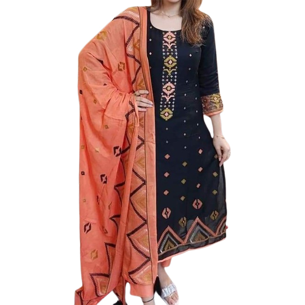 Unstitched Cotton Skin Printed Salwar Kameez For Women - Black  - 3C-114