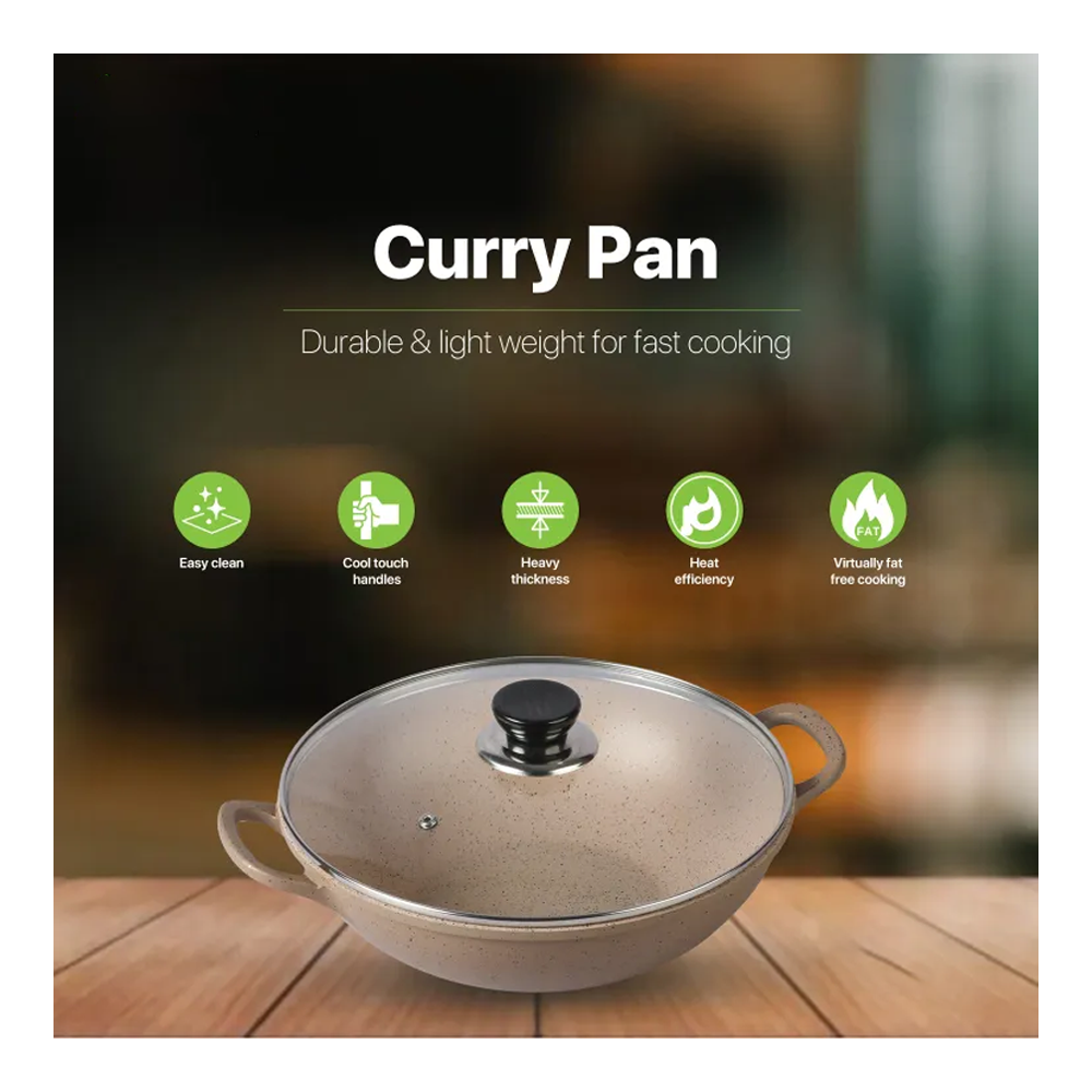 BD-KOR Non-Stick Premium Marble Coating Curry Pan With Glass Lid - 26cm