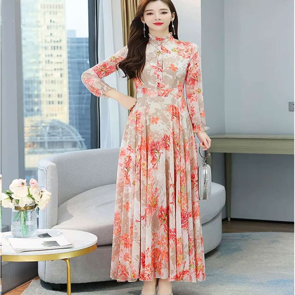 Linen Full Sleeve Digital Print Long Gown For Women - Yellow Pink - 1557