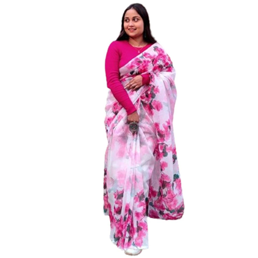 Chanderi Silk Digital Print Saree For Women - White and Pink - SB-N40