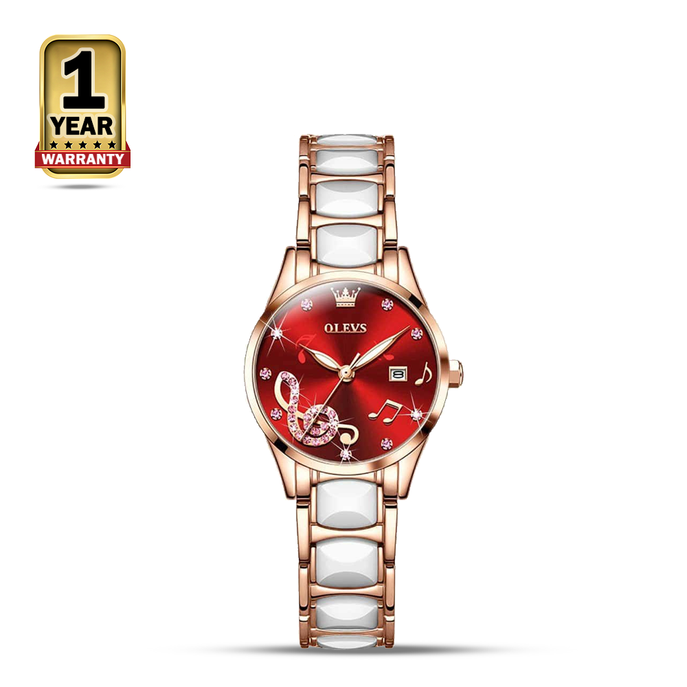 Olevs 3605 Analog Wrist Watch For Women - Red and Rose Gold