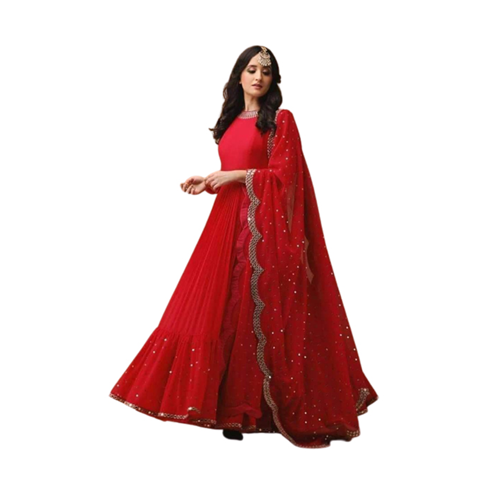 Georgette Unstitched Embroidery Long Gown 4 Pcs For Women - Red - G-L03