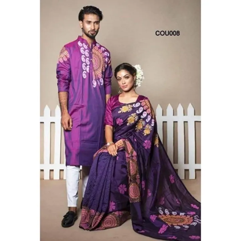 Half Silk Block Print Saree and Dhupian Cotton Panjabi Couple Set - Multicolor - 343