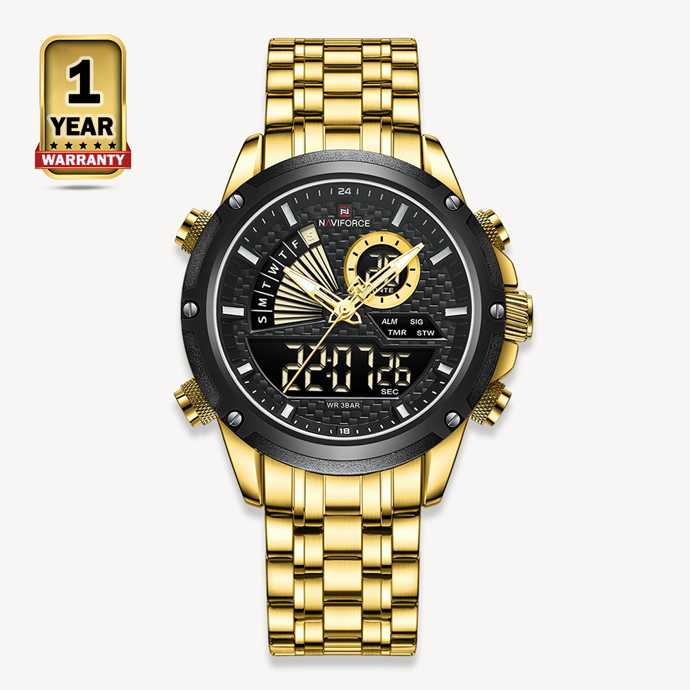 Naviforce NF9205 Stainless Steel Dual Time Watch For Men Black and Golden
