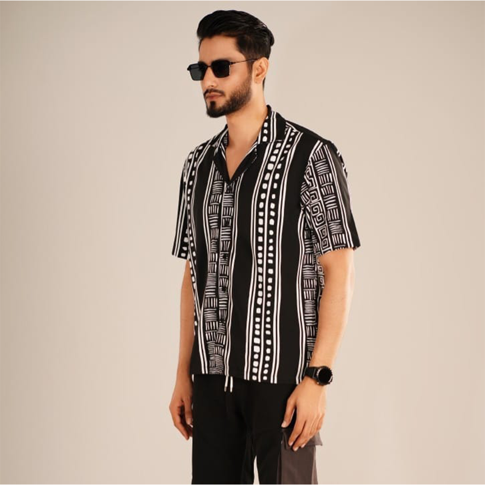 Linen Cotton Drop shoulder Half Shirt For Men - Black