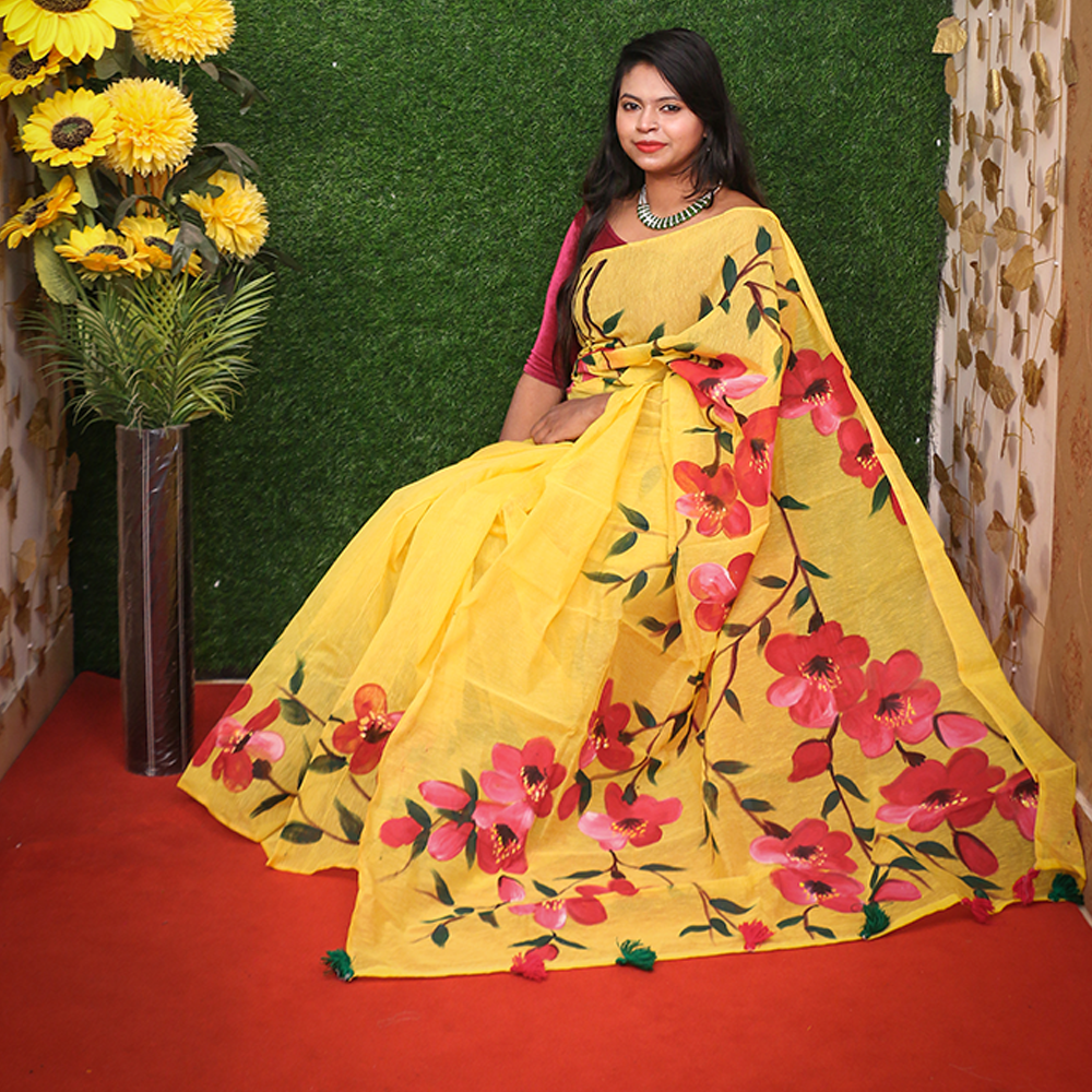 Cotton Hand Print Half Silk Saree for Women - Yellow 