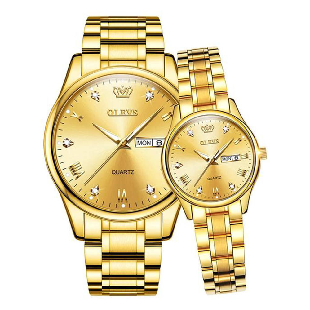 Olevs 5563 Stainless Steel Quartz Couple Wrist Watch - Golden - Trendy_Taj_4
