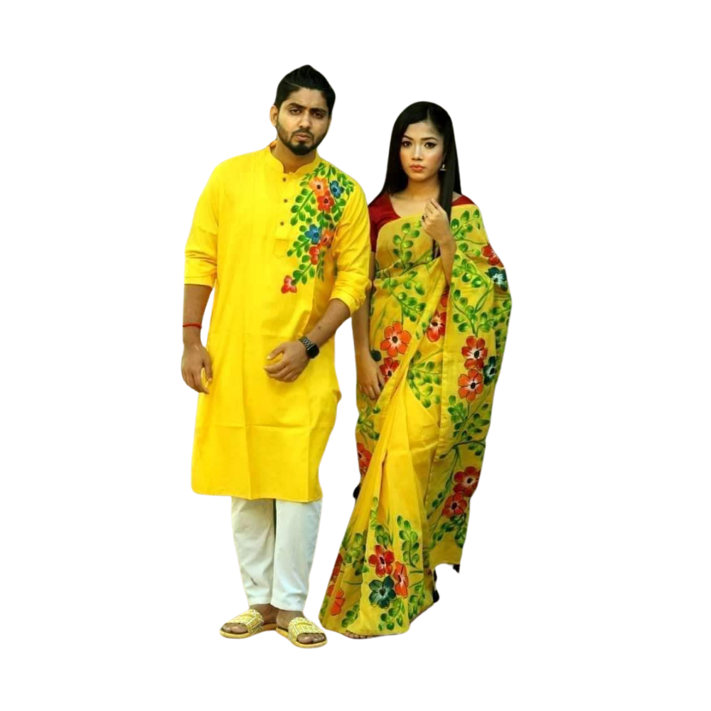 Cotton Silk Saree and Dhupian Cotton Punjabi Couple Dress - Bright Yellow - SC64