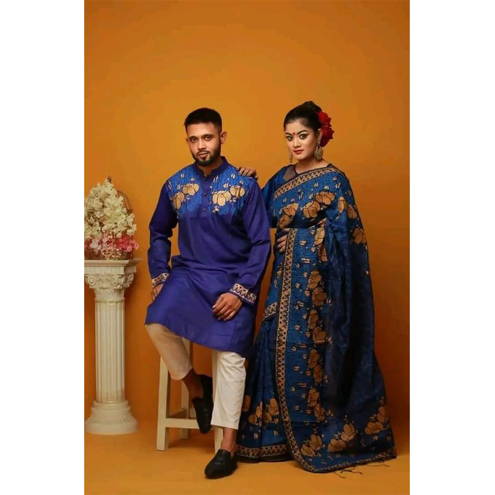 Half Silk Block Print Saree and Dupiyan Cotton Panjabi Couple Set - Blue - 58