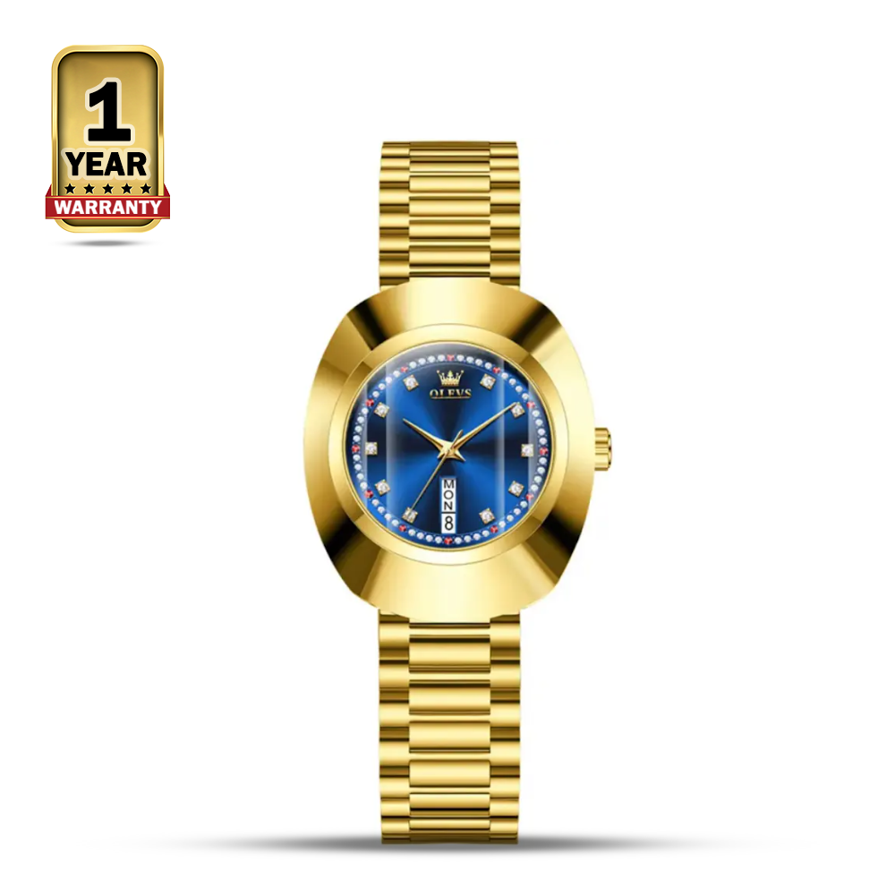 OLEVS 7017 Steel Quartz Round-Dial Watch For Women - Golden Blue