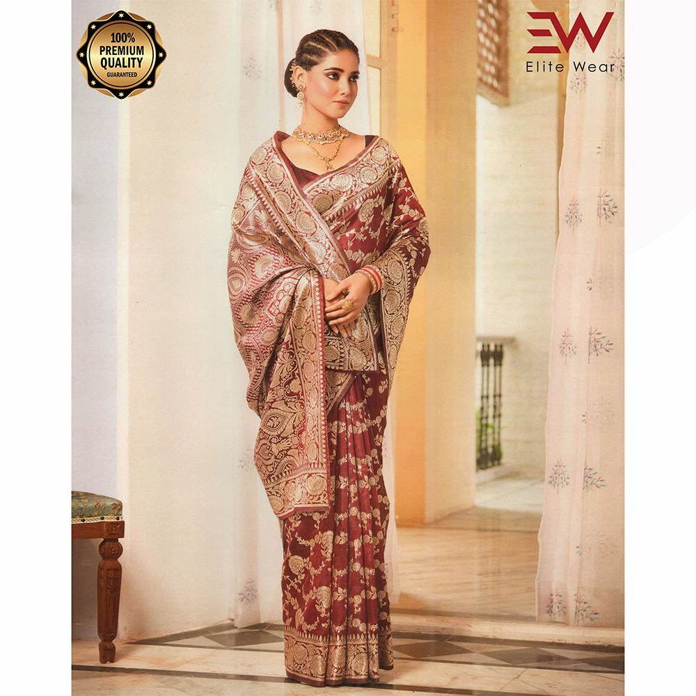 Gujrati Pure Handloom Katan Saree with Blouse Piece for Women - Red Wine - A-642 B