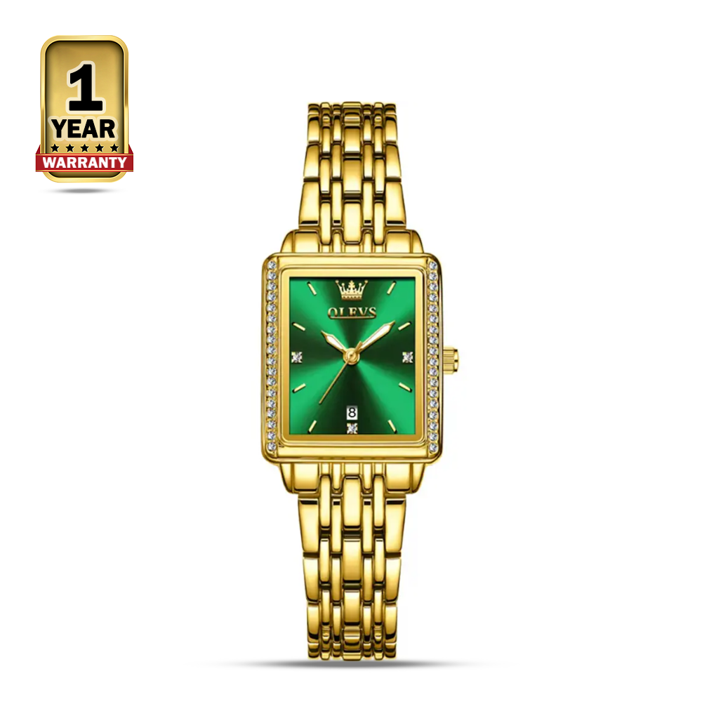 OLEVS 9995 Luxury Diamond Square Quartz Watch For Women - Golden Green