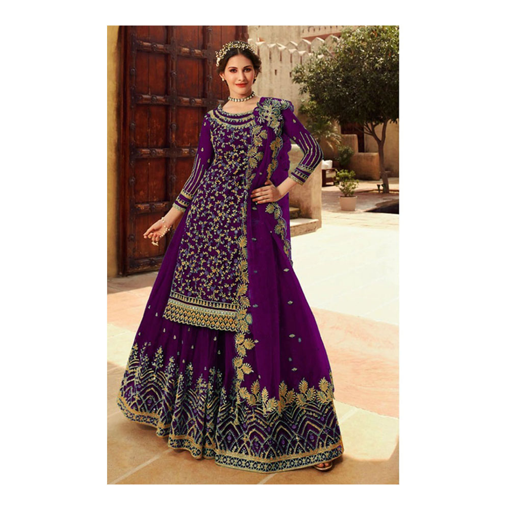 Georgette Semi Stitched Embroidered Party Dress for Women - Dark Purple