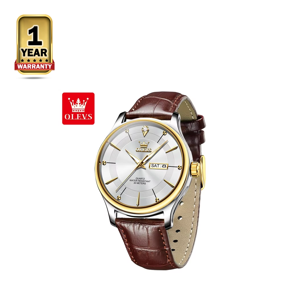 OLEVS 9908L PU Leather Analog Wrist Watch For Men - Golden and Brown