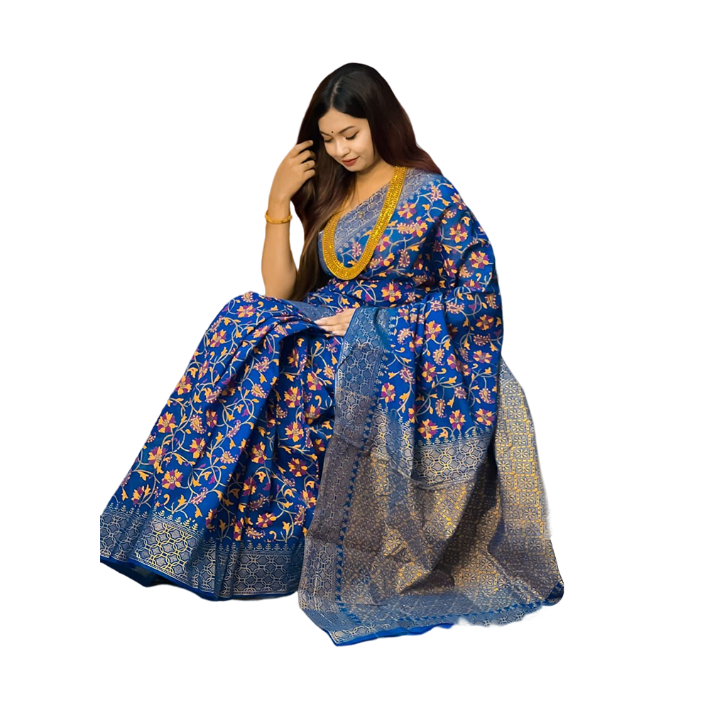 Half Silk Screen Print Saree For Woman - Multicolor