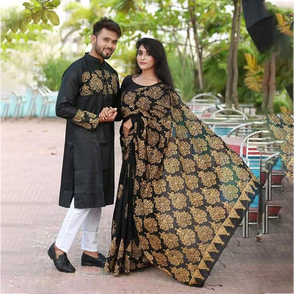 Dupion Silk Saree With Panjabi Couple Set - Black - CSB-24