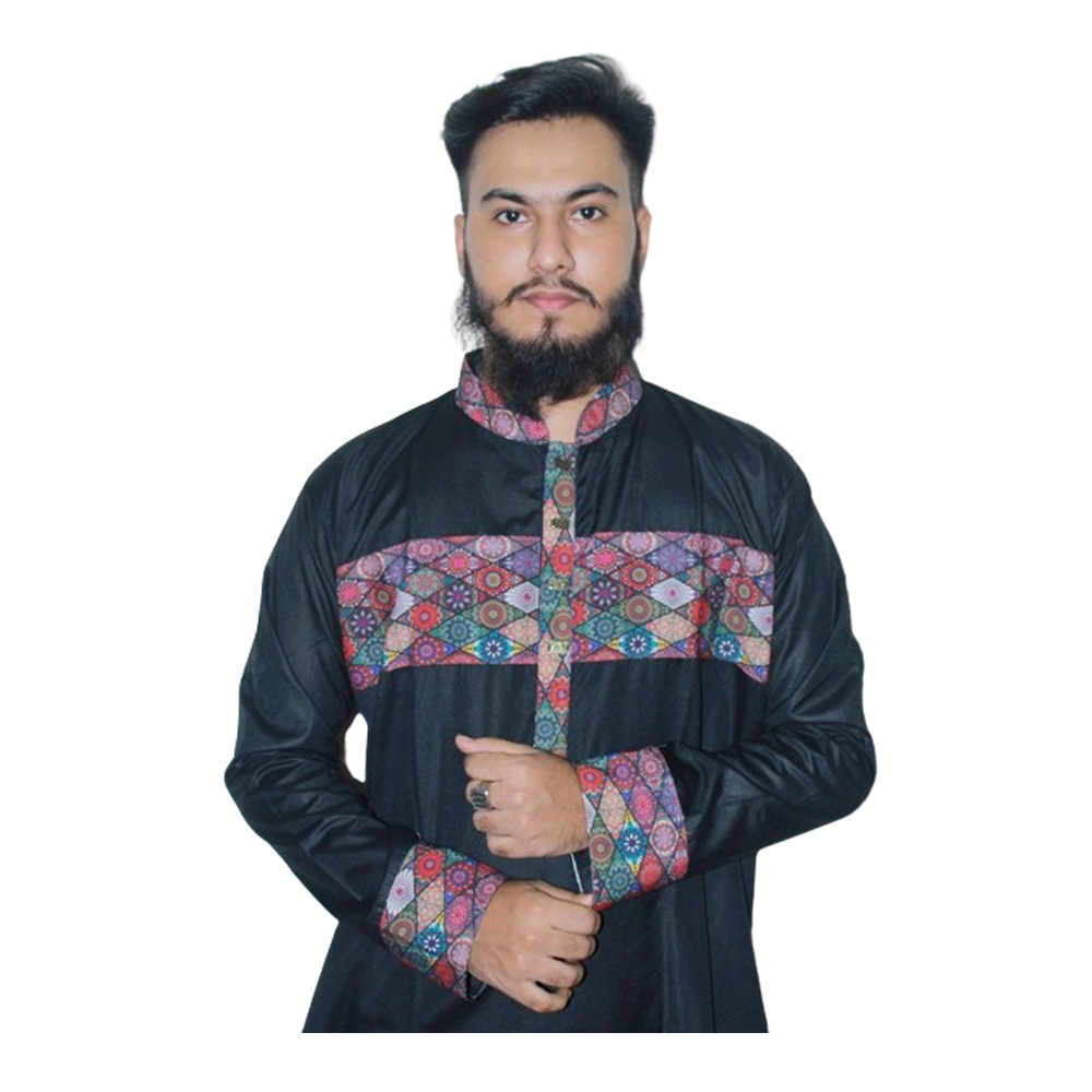 Dupion Silk Semi Long Panjabi For Men - Black