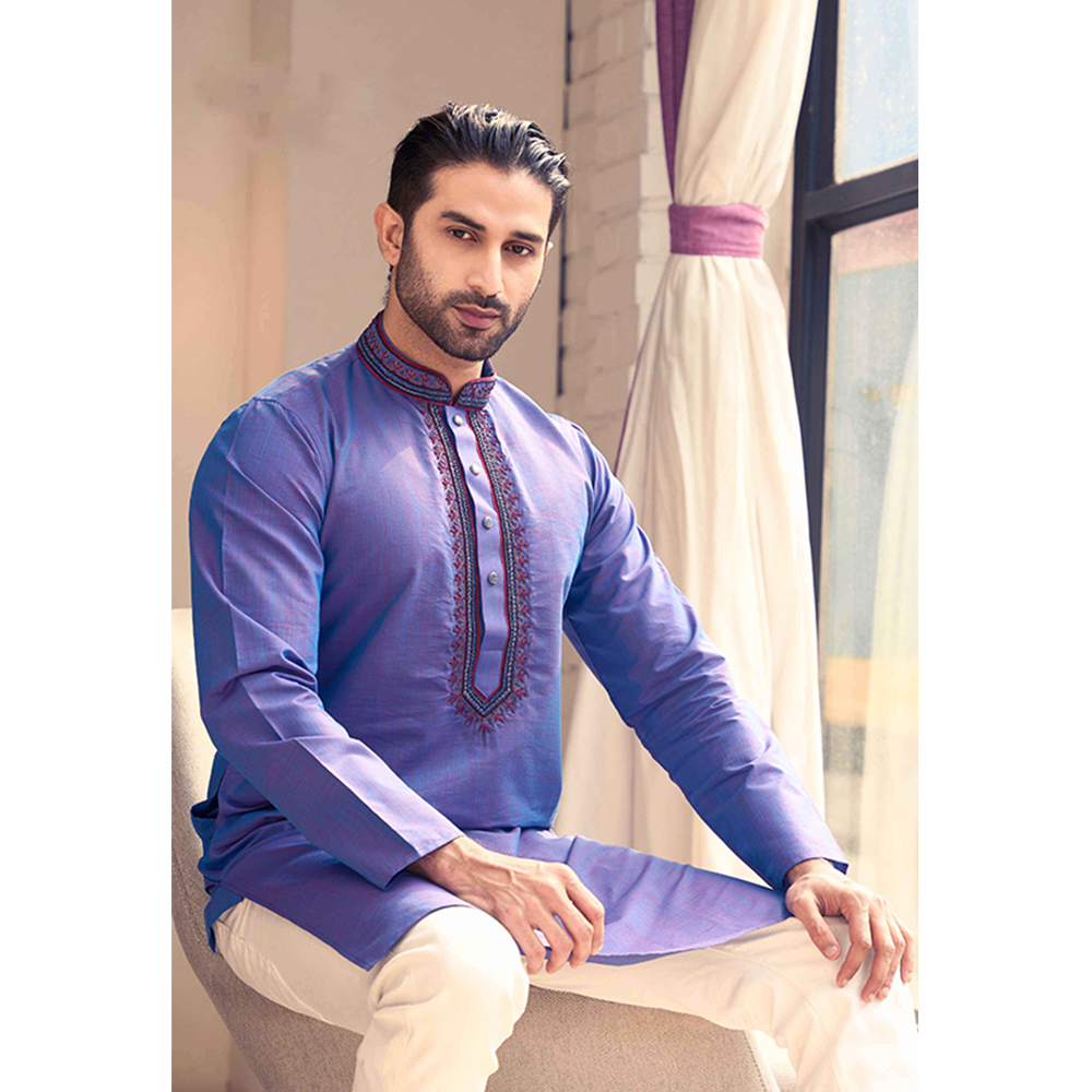 Embroidery Cotton Panjabi for Men - Deep Blue - 1461