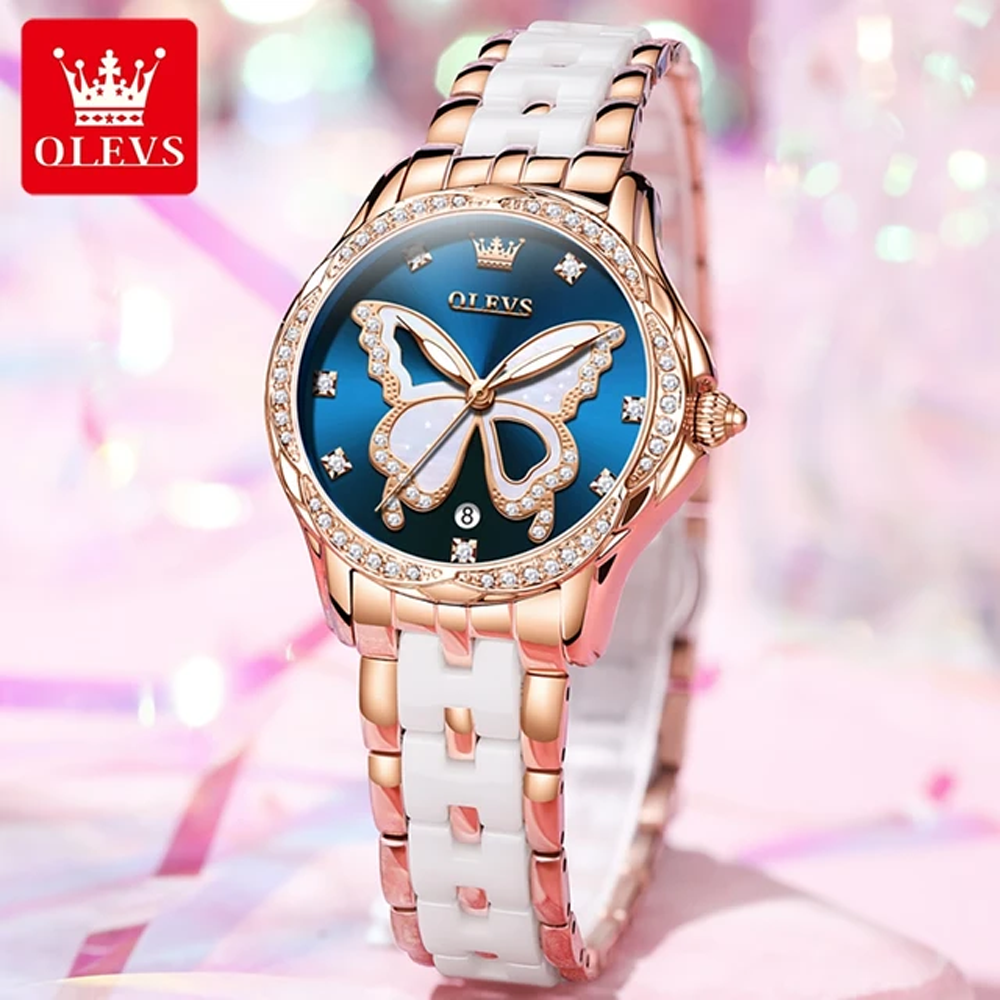 Olevs 5610 Quartz Round Coated Glass Analog Watch For Women - Rose Blue