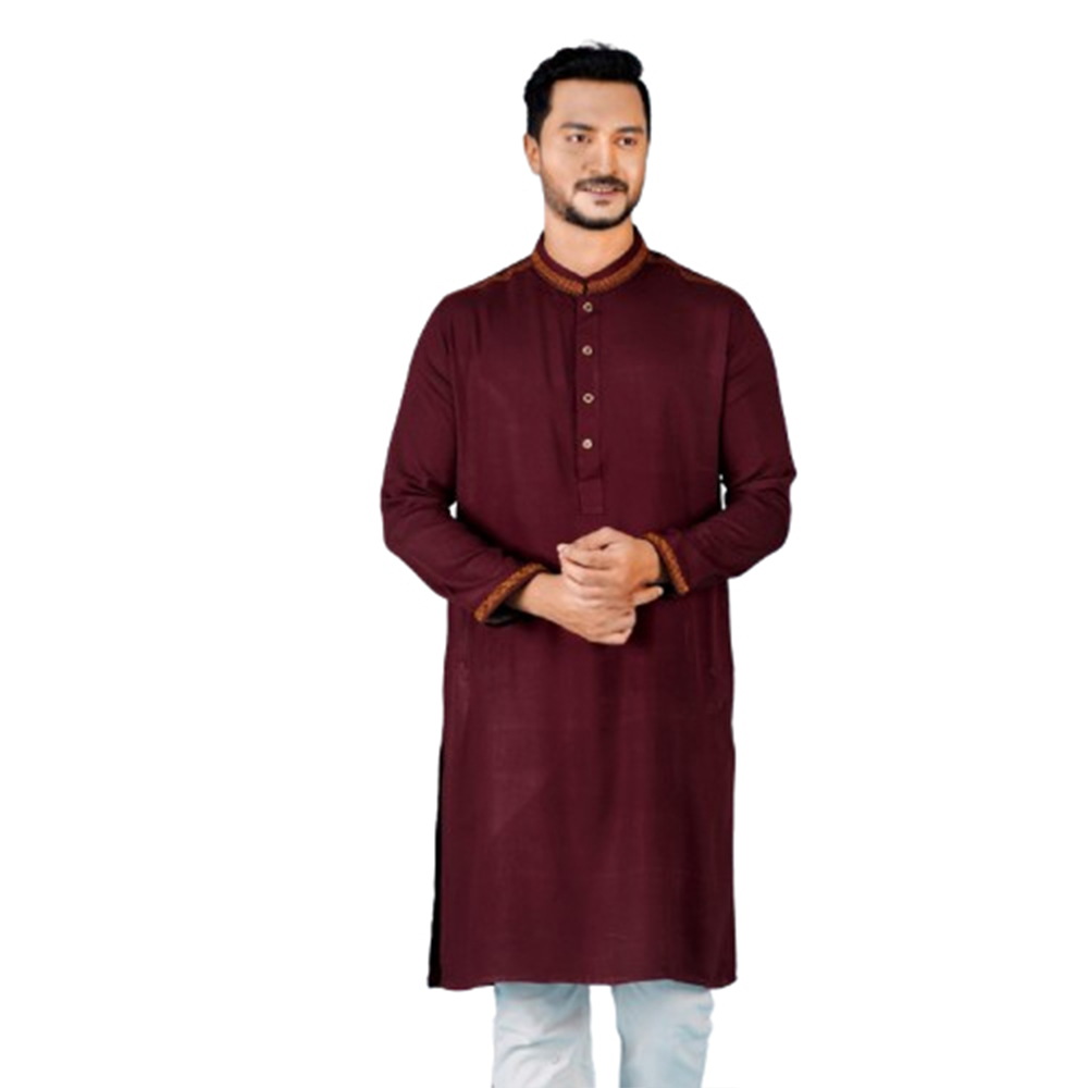 Cotton Embroidery Semi Long Panjabi For Men - Maroon - PM-26