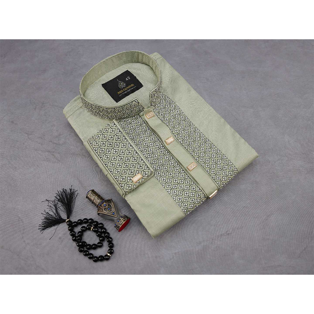 Cotton Embroidered Panjabi For Men - Olive - 01