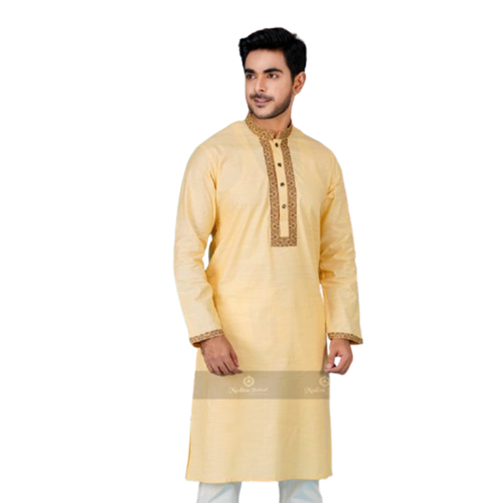 Cotton Embroidery Semi Long Panjabi For Men - Golden - PM-38