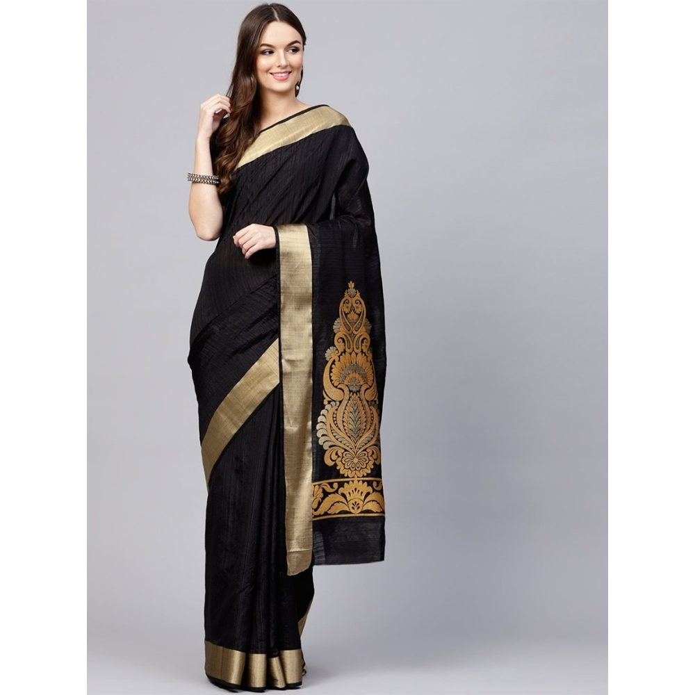 Silk Printed Gorgeous Saree With Blouse Piece For Women - Black - MN-745