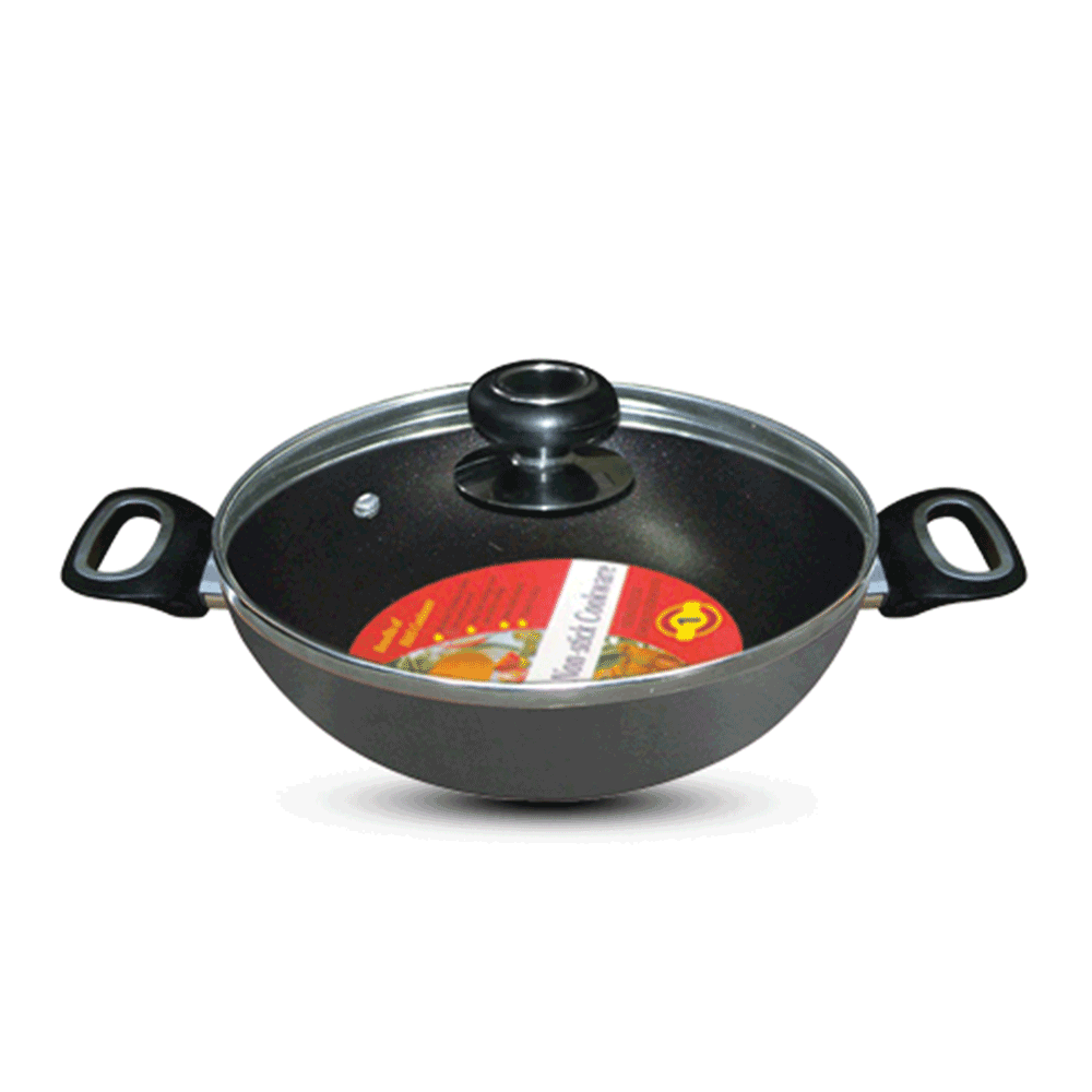 HandS 22 CM Non Stick Aluminium Karai with glass Lid - Black