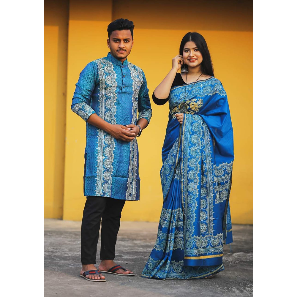 Half Silk Block Print Saree and Dupiyan Cotton Panjabi Couple Set - Blue - 53