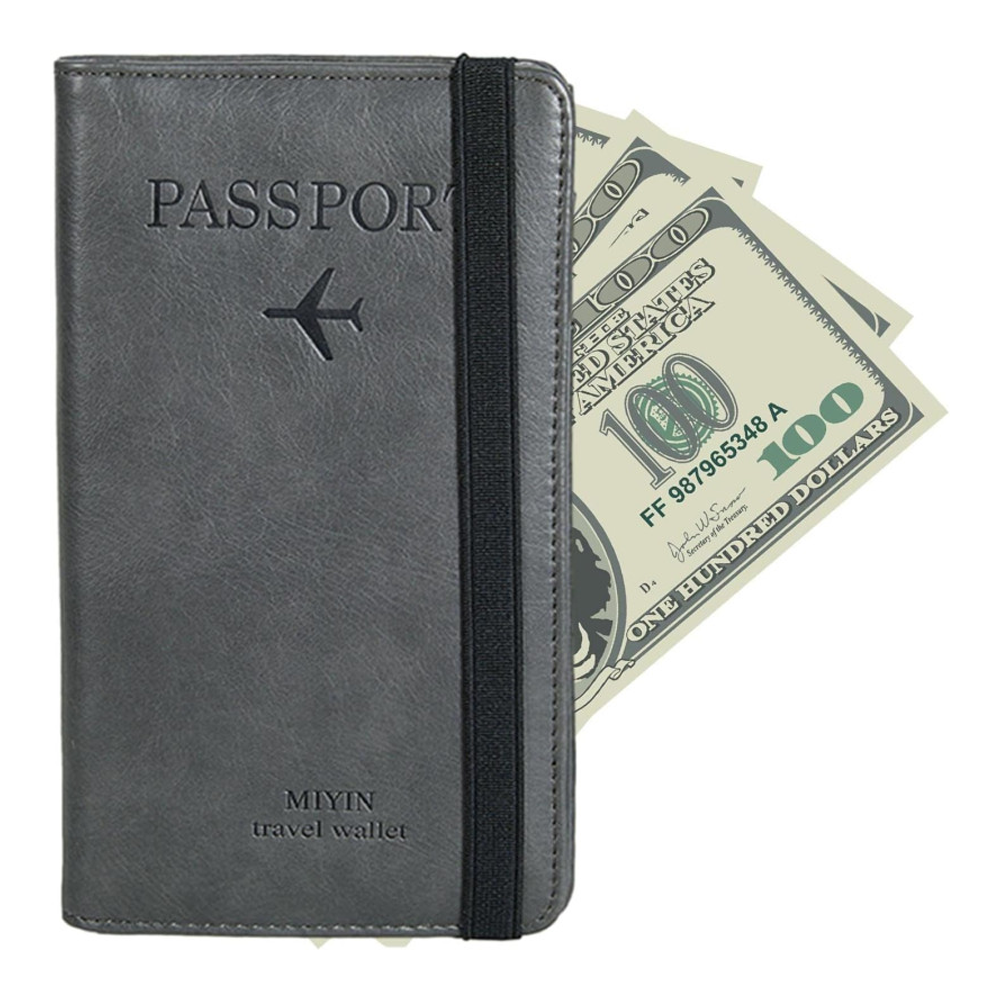 Leather Passport Cover Wallet Cards Holder - Gray