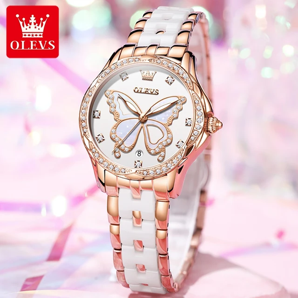 Olevs 5610 Quartz Round Coated Glass Analog Watch For Women - Rose White