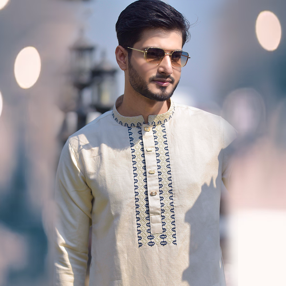 Sawgat Embroidery Indian Soft Cotton Unique Panjabi for Men - Cream - SP-07