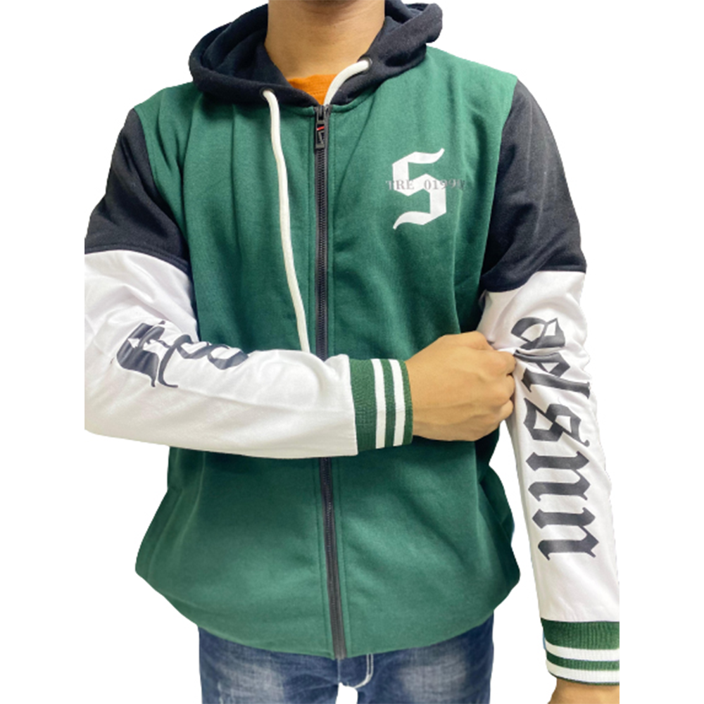 Cotton Hoodie For Men - Green and White - H-147