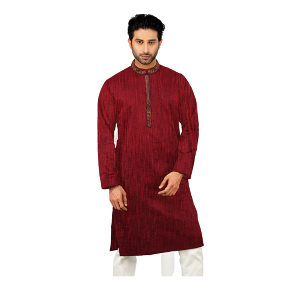 Cotton Digital Print Semi Long Embroidery Panjabi For Men - Maroon - PS-16