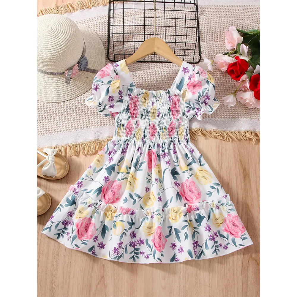 Linen Digital Print Long Gown Dress For Baby Girls - White - 1741