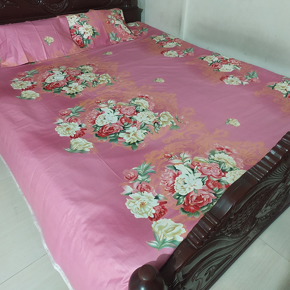 Twill Cotton King Size Double Bed Sheet With Pillow Cover - Pink - BT 20