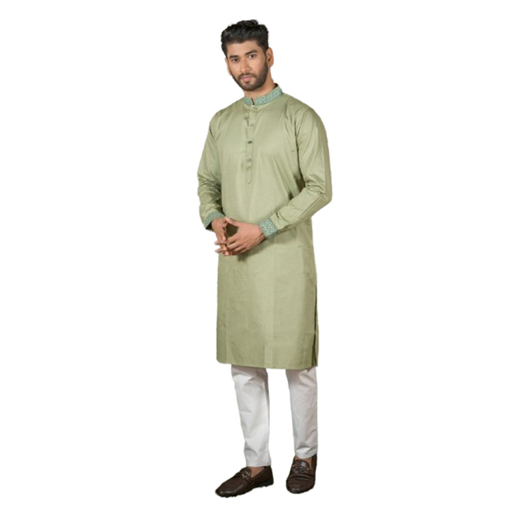 Cotton Embroidery Semi Long Panjabi For Men - Deep Olive - P-N63