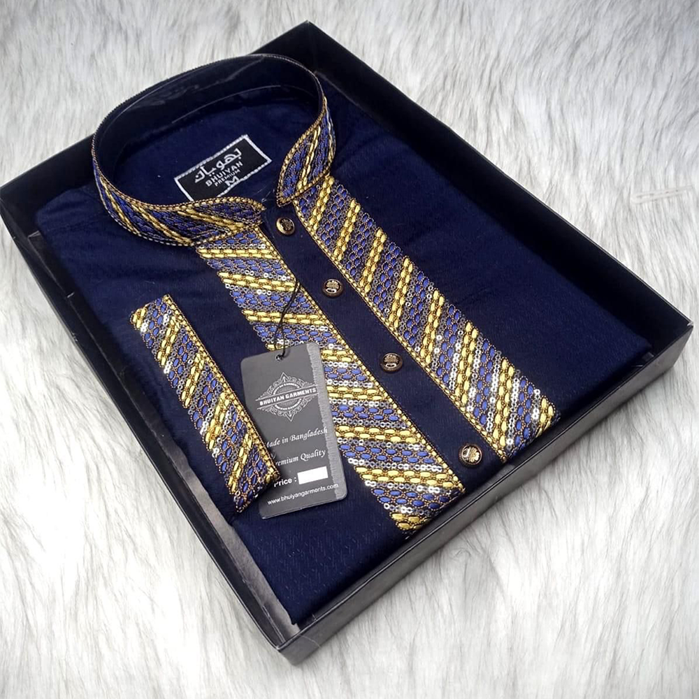 Cotton Sequence Panjabi For Men - Navy Blue