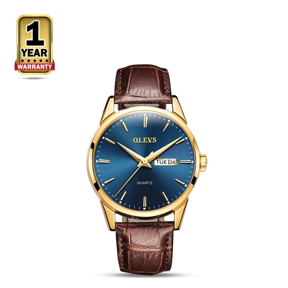 Olevs 6898 PU Leather Wrist Watch for Men - Golden and Blue