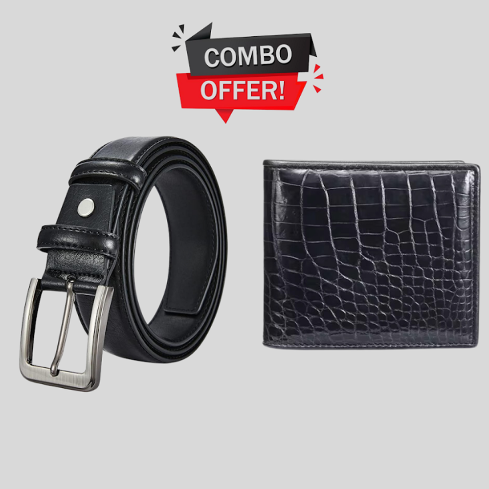 Zays Premium Leather Combo Pack Wallet, Durable Belt For Men and Women - Black - ZCO107