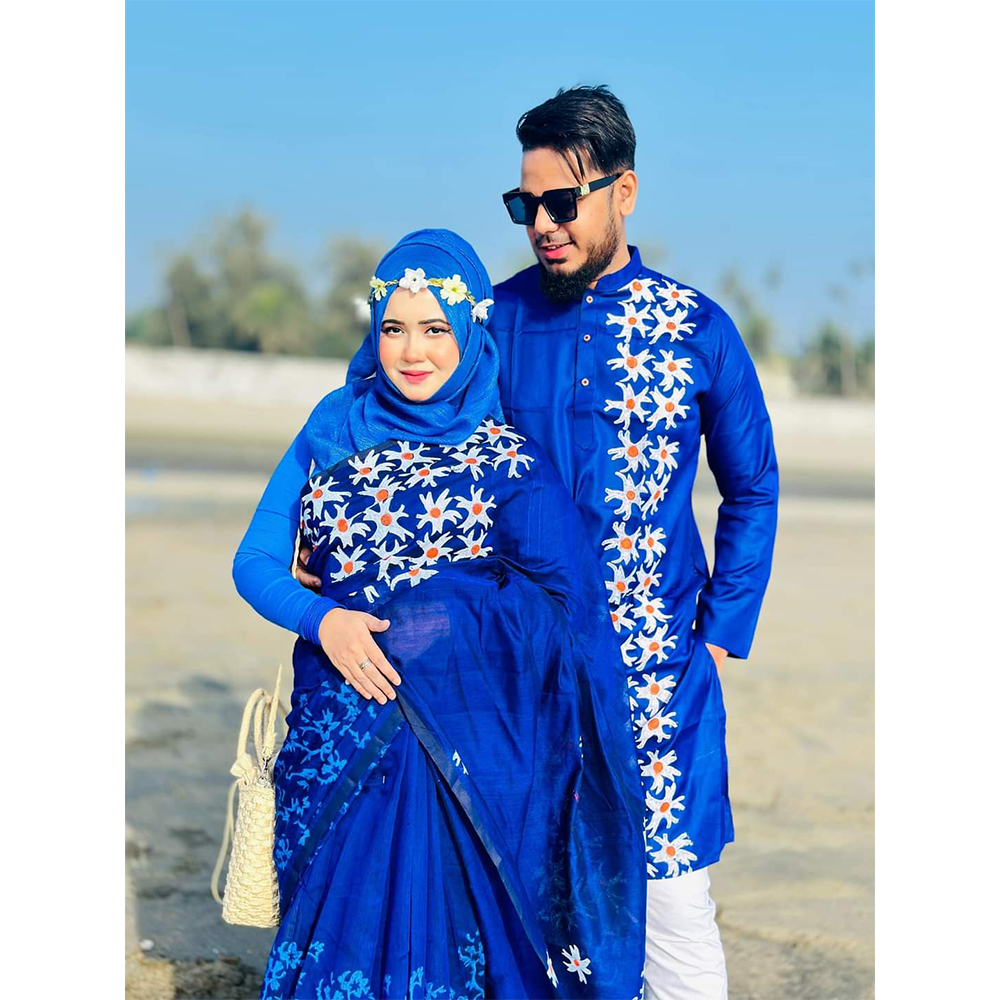 Dhupian Silk Saree and Dhupian Panjabi for Couple - Blue - HS-00114