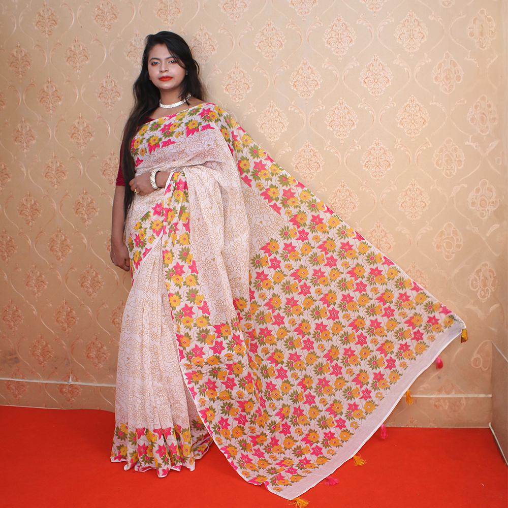 Cotton Half Silk Hand Printed Saree For Women - White and Red - Single _ 15
