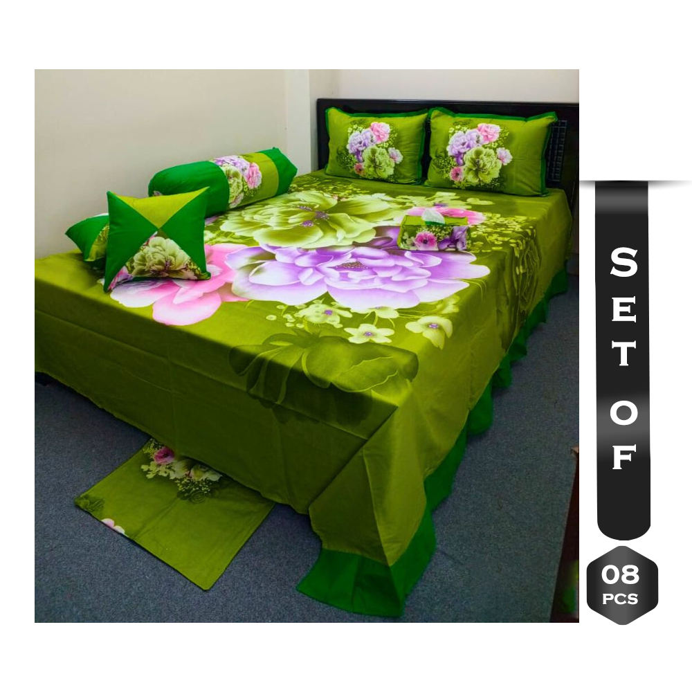 Set Of 8Pcs Cotton King Size Bed Sheet - Green - PT-11