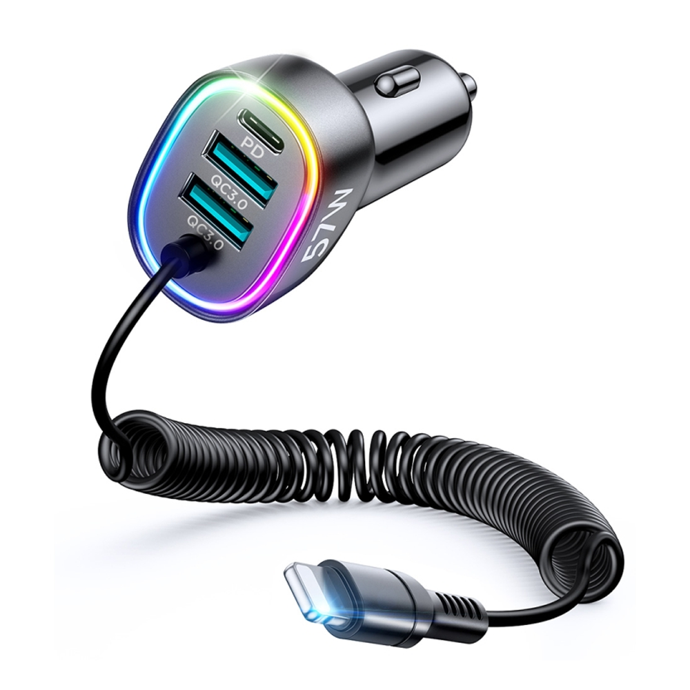 JOYROOM JR-CL20 57W 4-in-1 Car Charger with Coiled Lightning Cable - Black