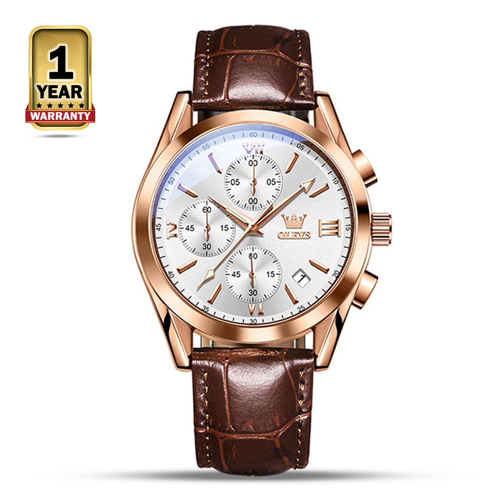 OLEVS 2872 Leather Quartz Watch For Men - Rose Gold Brown And White